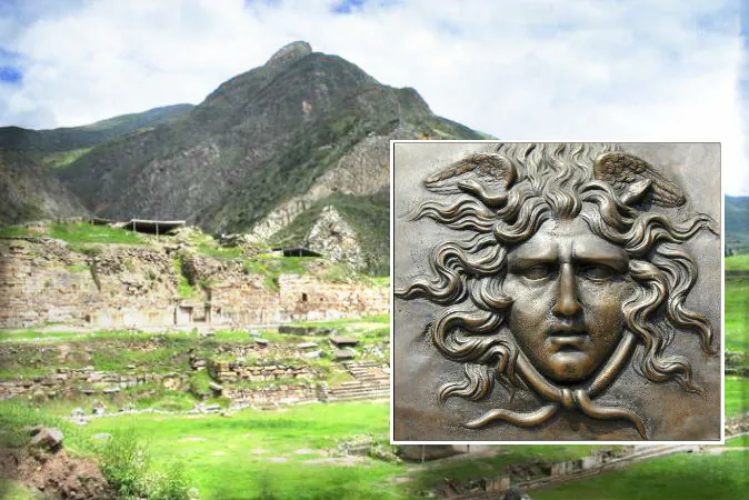 Right: Gorgon (Andrea Astes/iStock) Background: Chavin de Huantar ruins in Peru, where one researcher says the mythical home of the ancient Greek Gorgon may have been. (Sharon odb/Wikimedia Commons)