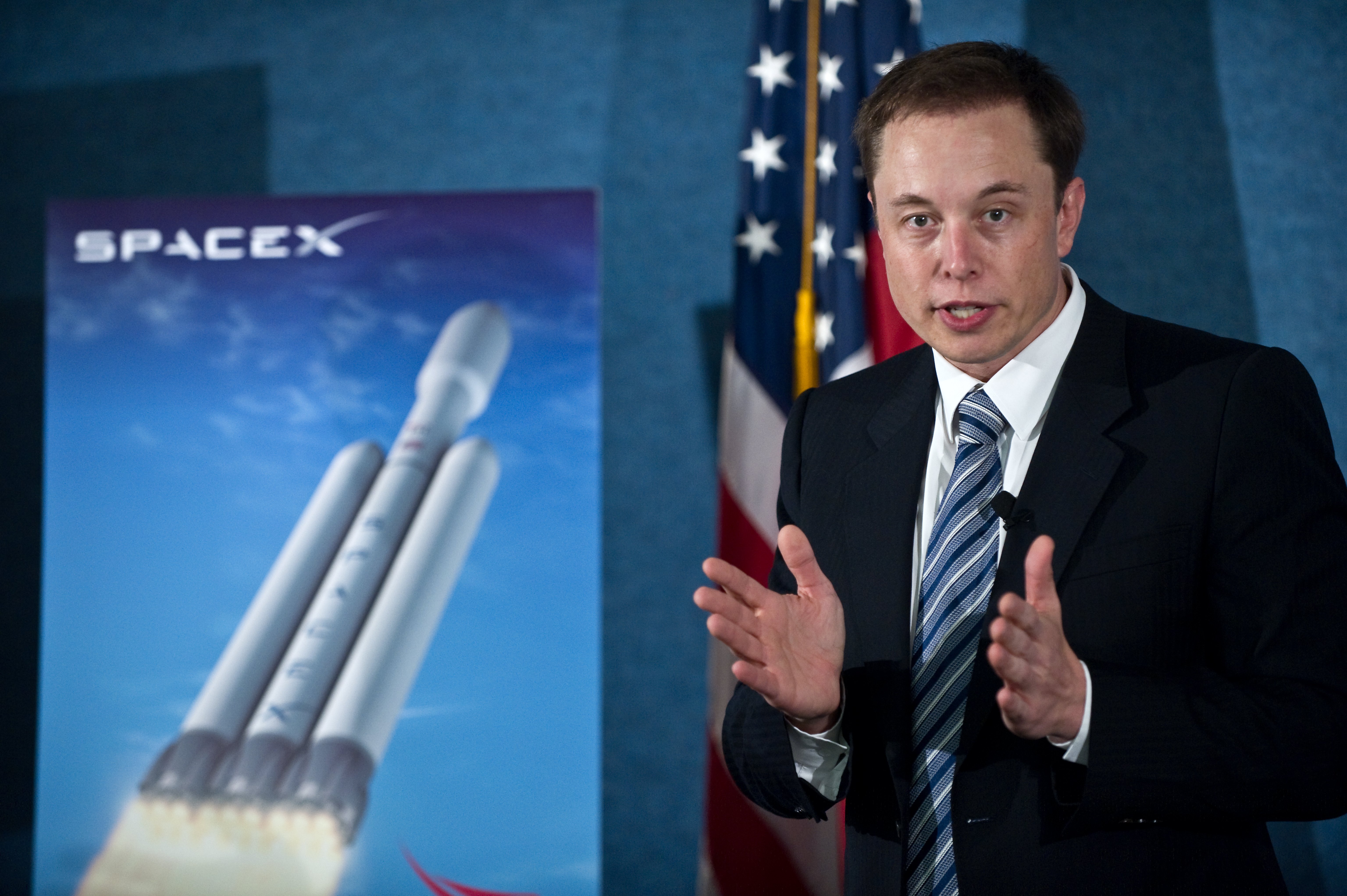 SpaceX CEO Elon Musk unveils the Falcon Heavy rocket at the National Press Club in Washington on April 5, 2011. (NICHOLAS KAMM/AFP/Getty Images)