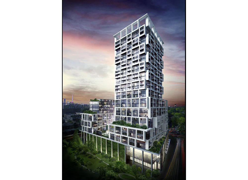 Rendering of Art Shoppe Condos + Lofts to be built in Toronto's Yonge and Eglinton area. The property will consist of two towers with both sharing a common base. Fashion icon Karl Lagerfeld is designing the The Art Shoppe’s lobbies. (Courtesy Freed Developments/CD Capital)