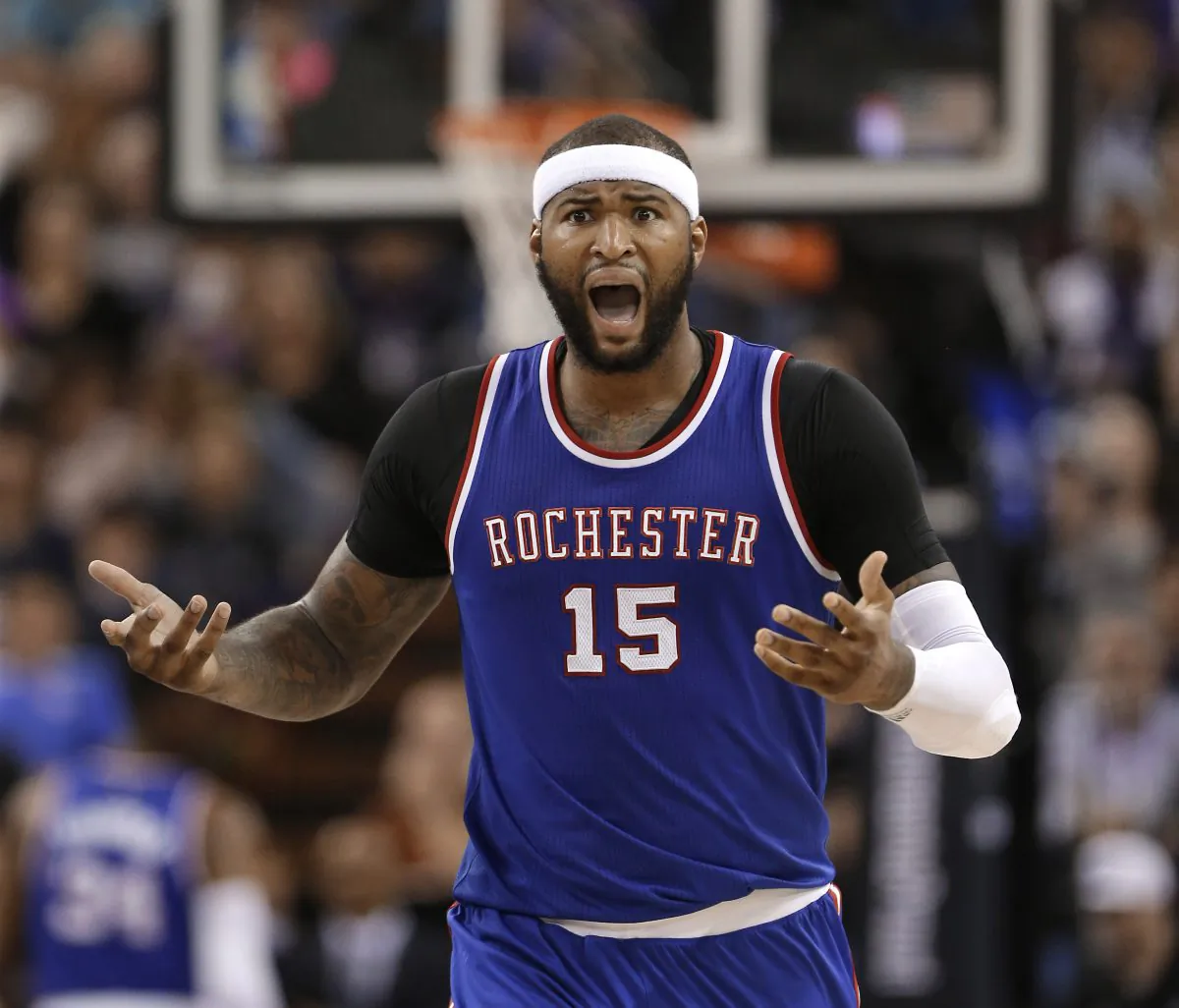 Sacramento Kings center DeMarcus Cousins and his teammates wore their throwback Rochester Royals uniforms on March 24. The Sacramento Kings were formerly the Rochester Royals, the Cincinnati Royals,  and then Kansas City Kings before moving to Sacrament in 1985. (AP Photo/Rich Pedroncelli) 