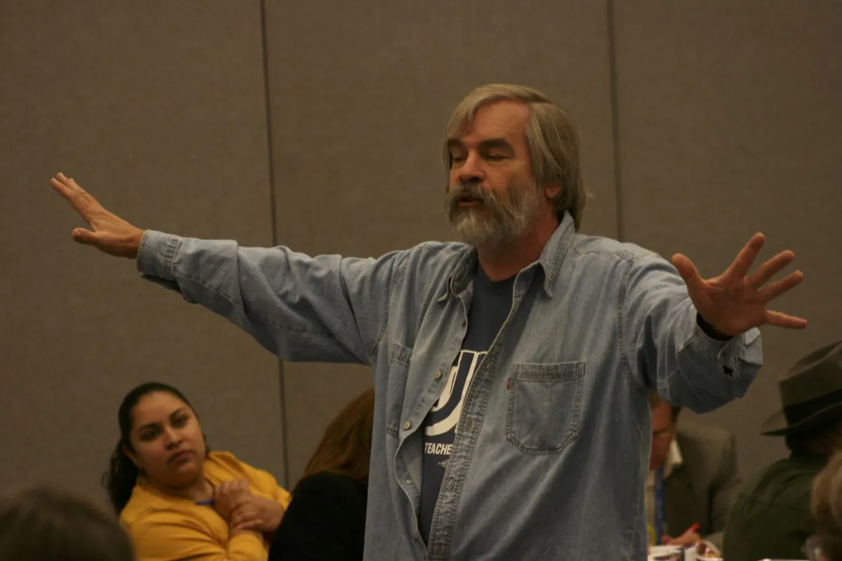 1.	Ernest Kettenring, a long-time teacher and education activist in the Los Angeles Unified School District, speaks at a union meeting. Kettenring will be retiring next month. (John Mears)
