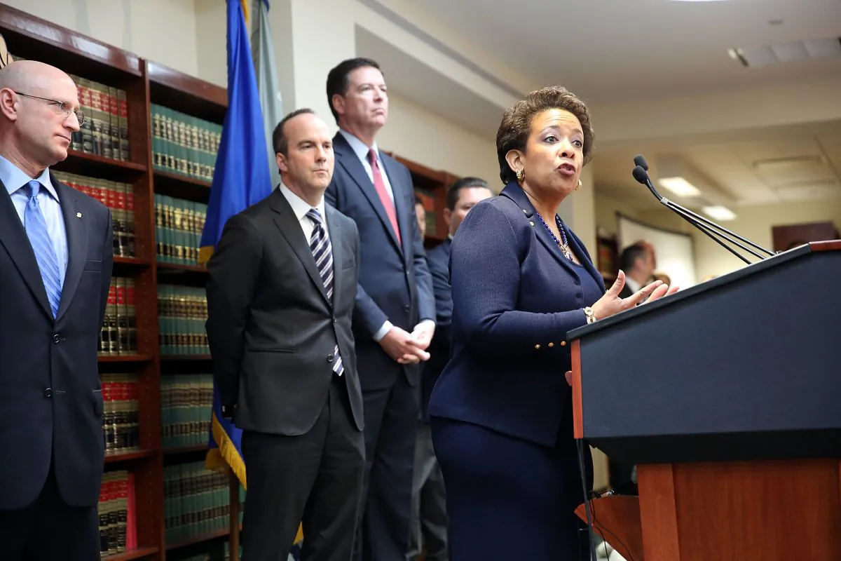 Attorney General Loretta Lynch speaks at the U.S. Attorneys Office of the Eastern District of New York in New York City following the early morning arrest of world soccer figures, including officials of FIFA, for racketeering, bribery, money laundering, and fraud, on May 27. (Spencer Platt/Getty Images) 