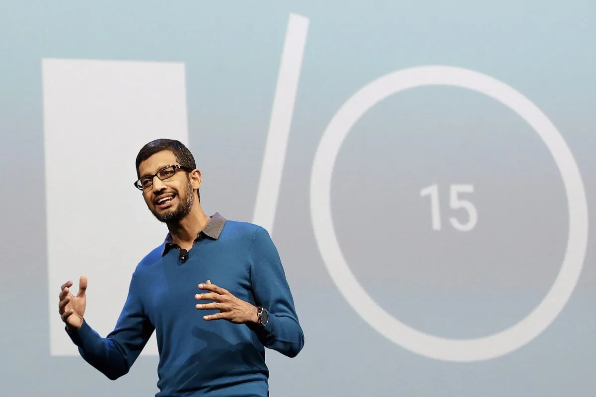 Sundar Pichai, senior vice president of Android, Chrome and Apps, speaks during the Google I/O 2015 keynote presentation in San Francisco, Thursday, May 28, 2015. (AP Photo/Jeff Chiu)