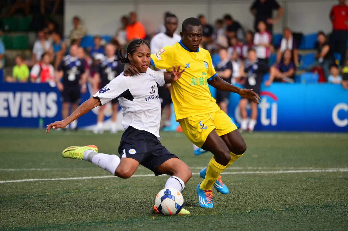 Harry Panayiotou of Leicester City FC (player of the tournament 2013) on the ball in their match against Hong Kong’s BC Rangers in the HKFC Citibank Soccer Sevens 2014. (Bill Cox/Epoch Times)