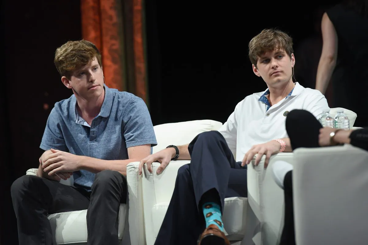 Co-founder and COO of Yik Yak Brooks Buffington (L), and co-founder and CEO of Yik Yak Tyler Droll speak onstage during TechCrunch Disrupt NY 2015 at The Manhattan Center in New York City on May 5, 2015. (Noam Galai/Getty Images for TechCrunch