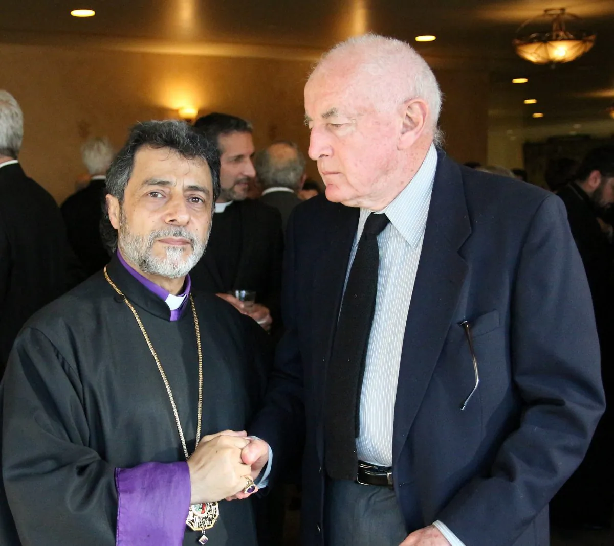 Archbishop Hovnan Derderian (L) with Shelley B. Blank at the Cathedral of Our Lady of Los Angeles on April 14. (Shelley B. Blank)
