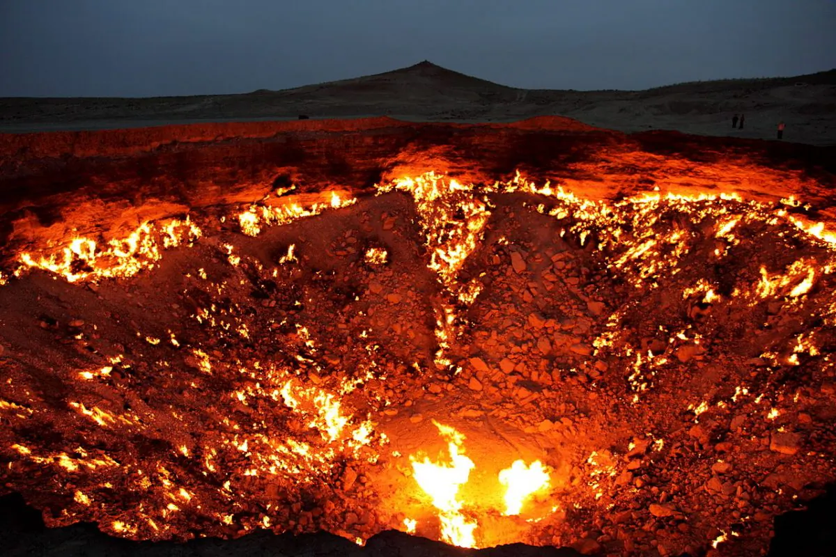 "The gates of hell" gas deposit, near Derweze, Turkmenistan, has been burning since 1971. (Wikimedia Commons)