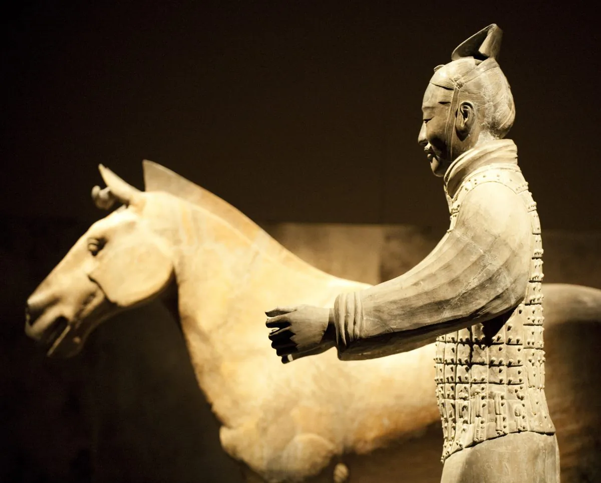 A Charioteer and Chariot Horse are displayed as part of China's Terracotta Warriors display April 24, 2012 at Discovery Times Square in New York. (Don Emmert/AFP/Getty Images)