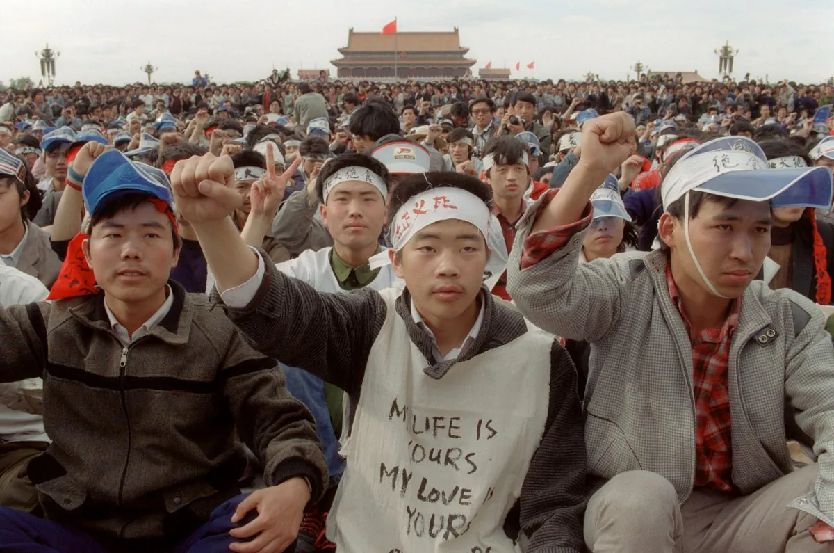 Students from Beijing University stage a huge demonstration 18 May 1989 at Tiananmen Square as they start an unlimited hunger strike as the part of mass pro-democracy protest against the Chinese government. (Catherine Henriette/AFP/Getty Images)