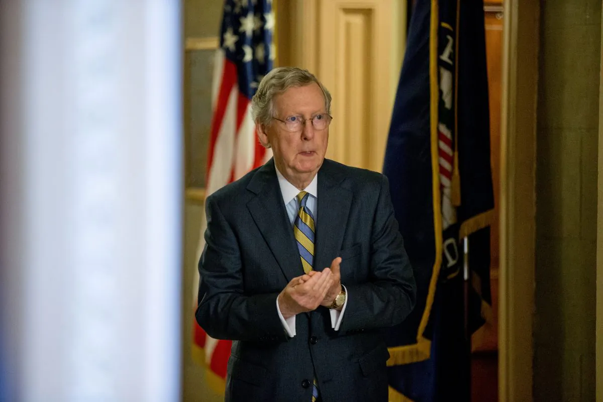 Senate Majority Leader Mitch McConnell of Ky. arrives for a Senate policy luncheon on Capitol Hill in Washington, Tuesday, June 2, 2015, as legislation to end the National Security Agency's collection of Americans' calling records while preserving other surveillance authorities is expected to clear the Senate late Tuesday. But House leaders have warned their Senate counterparts not to proceed with planned changes to a House version. (AP/Andrew Harnik)