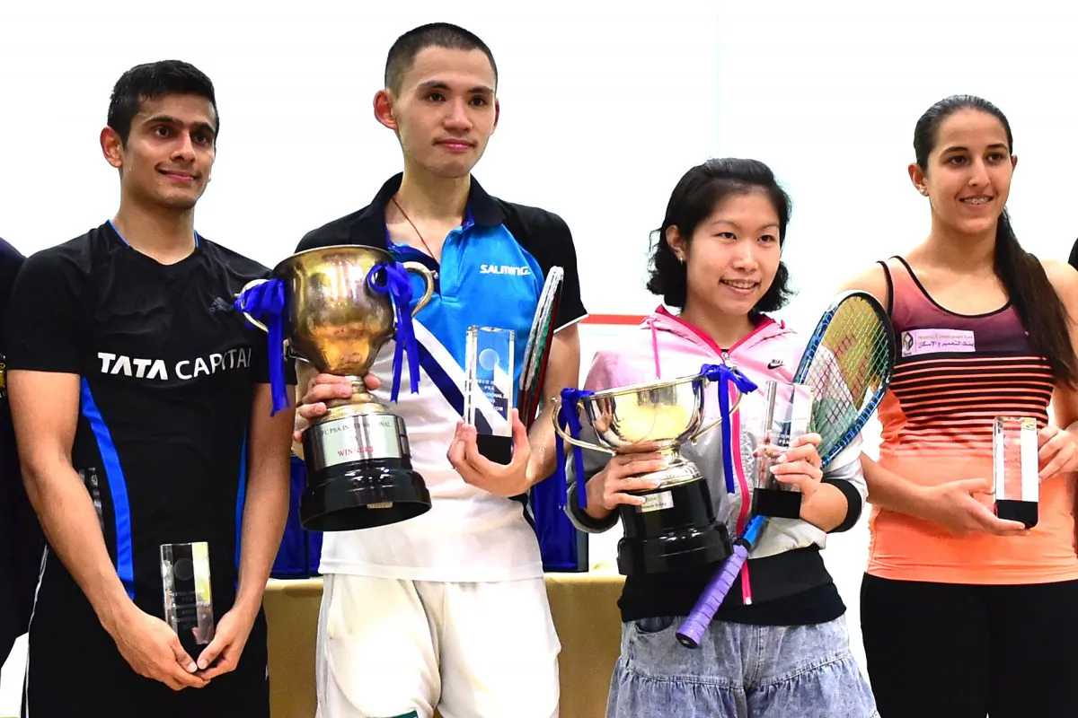 Finalist in the HKFC/Meco PSA/WSA 25 tournament which concluded on Saturday May 30, 2015. (L to R) Saurav Ghosal (India), Max Lee (Hong Kong), Annie Au (Hong Kong) and Habiba Mohamed (Egypt). (Bill Cox/Epoch Times)