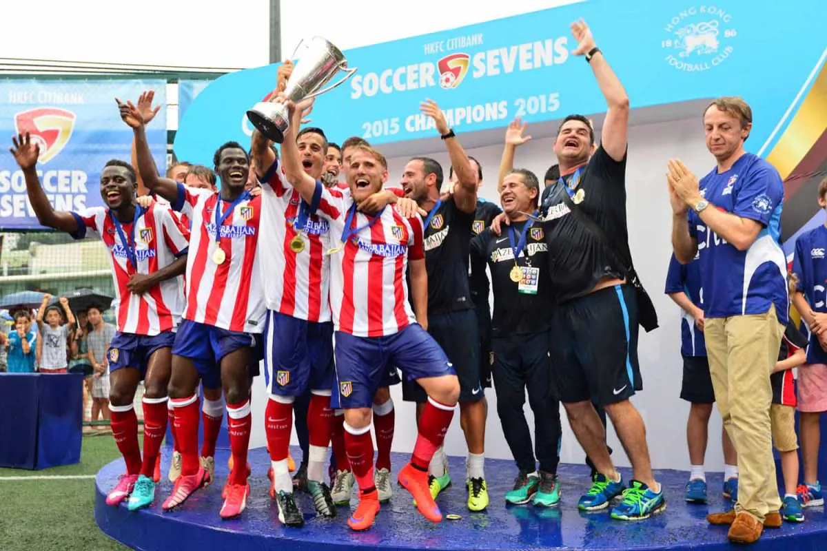 Atletico Madrid winners of the HKFC Citibank Soccer Sevens Cup at the Hong Kong Football Club on Sunday May 31, 2015. (Bill Cox/Epoch Times)