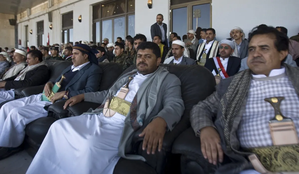 Mohammed al-Houthi, center, who heads the Houthi rebels' powerful Revolutionary Council, attends a rally in support of the Houthis at a sports stadium in Sanaa, Yemen. In an interview with the Associated Press, the second-in-command of Yemen's Shiite rebels has assailed Saudi-led airstrikes targeting his fighters but insists they are ready to travel to Geneva for U.N.-mediated peace talks on resolving the country's crisis. (AP/Hani Mohammed)