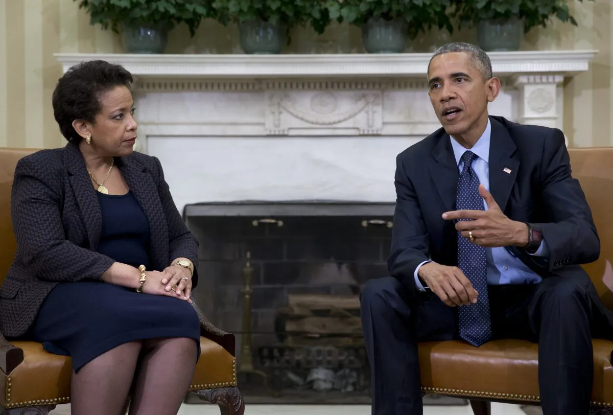President Barack Obama speaks to media as he meets with Attorney General Loretta Lynch in the Oval Office of the White House in Washington, Friday, May 29, 2015. (AP Photo/Carolyn Kaster)