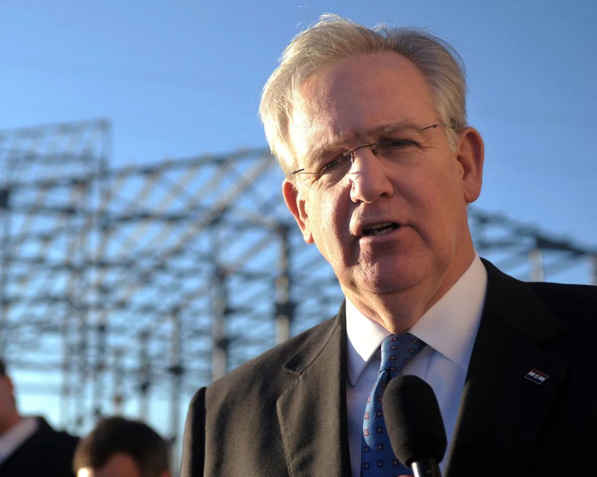 FILE - In this Jan. 9, 2012 file photo, Missouri Gov. Jay Nixon speaks at a storage systems manufacturer in Hopkins, Mo.  (Todd Weddle/The News-Press via AP, File)