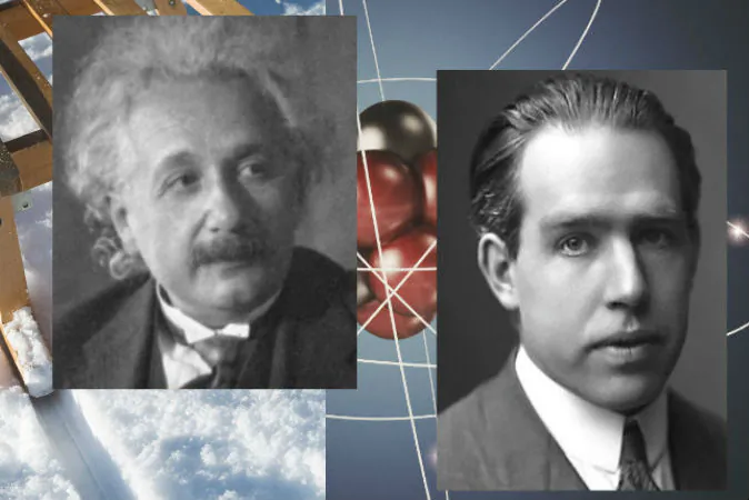 Neils Bohr, ca. 1922 (R) and Albert Einstein.  (Neils Bohr: AB Lagrelius & Westphal; Albert Einstein: Public domain; Background: Alexander Bedrin/iStock)