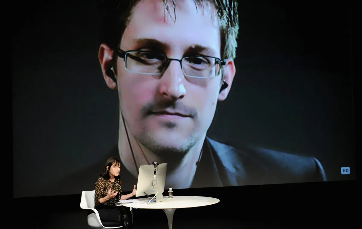 General view of atmosphere at the Edward Snowden Interviewed by Jane Mayer at the MasterCard stage at SVA Theatre during The New Yorker Festival 2014 on October 11, 2014 in New York City. (Bryan Bedder/Getty Images)