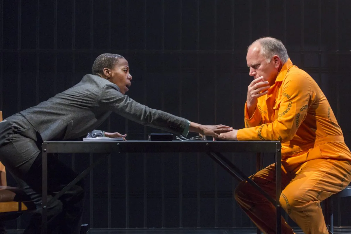 Psychologist Pumla Gobodo-Madikizela (Noma Dumezweni) reaches out to convicted killer Eugene de Kock (Matthew-Marsh) in an American premiere of “A Human Being Died That Night.” (Richard-Termine)