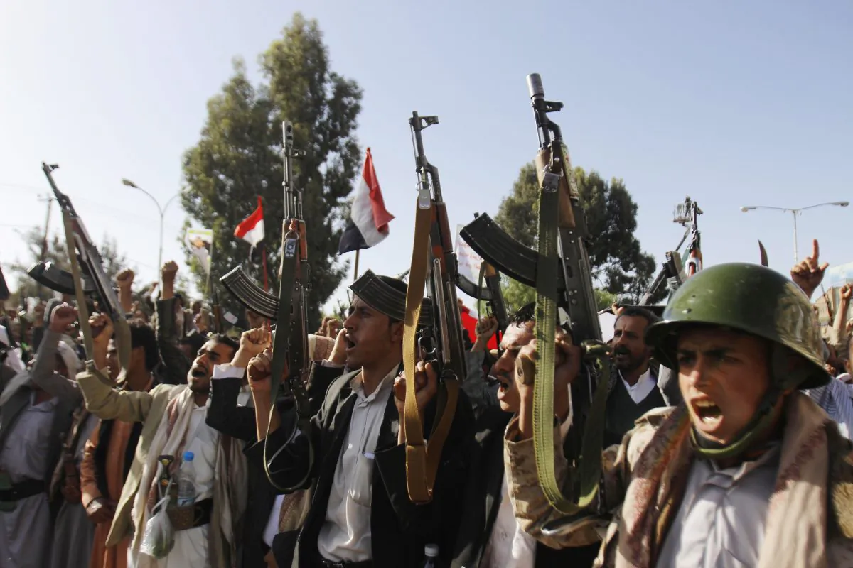 Shiite rebels, known as Houthis, chant slogans during a demonstration against an arms embargo imposed by the U.N. Security Council on Houthi leaders, in Sanaa, Yemen. (AP Photo/Hani Mohammed)
