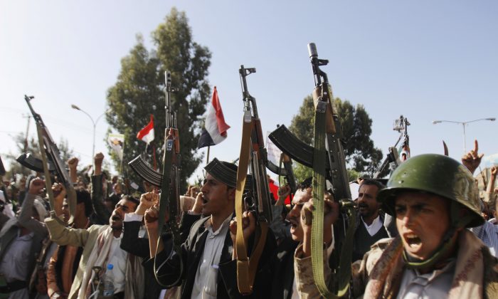 Shiite rebels, known as Houthis, chant slogans during a demonstration against an arms embargo imposed by the U.N. Security Council on Houthi leaders, in Sanaa, Yemen.  (AP Photo/Hani Mohammed)