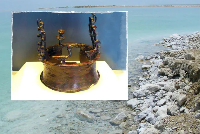 Left: The oldest crown in the world, found in the Nahal Mishmar Hoard. (Hanay/Wikimedia Commons) Background: The Dead Sea (Xta11/Wikimedia Commons)