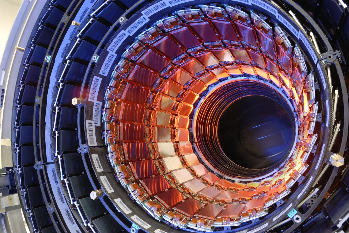 Above, the silicon strip tracker of the Compact Muon Solenoid at CERN. (CERN via Wikimedia Commons)