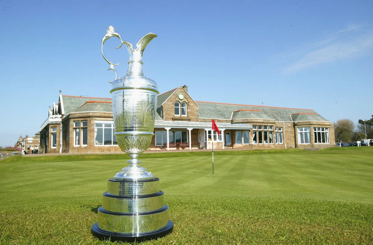 The Open Championship trophy is displayed on the 18th green prior to the Royal and Ancient Golf Club of St Andrews pre-Open Championship press conference, on April 27, 2004 in Troon, Scotland. (David Cannon/Getty Images)