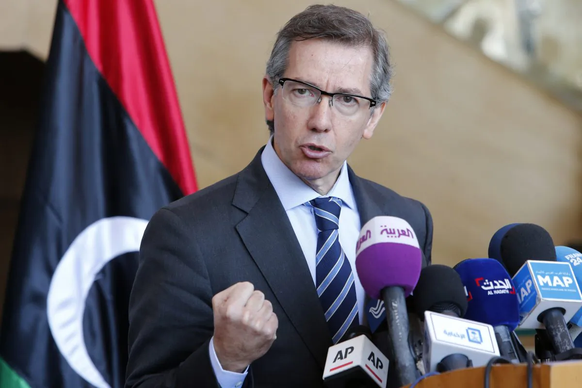 n this Friday, March 20, 2015 file photo, U.N. special envoy to Libya, Bernardino Leon, speaks during a press conference at the Palais des Congres of Skhirate, 30 kilometers (19 miles) south of Rabat, Morocco. (AP Photo/Abdeljalil Bounhar, File)