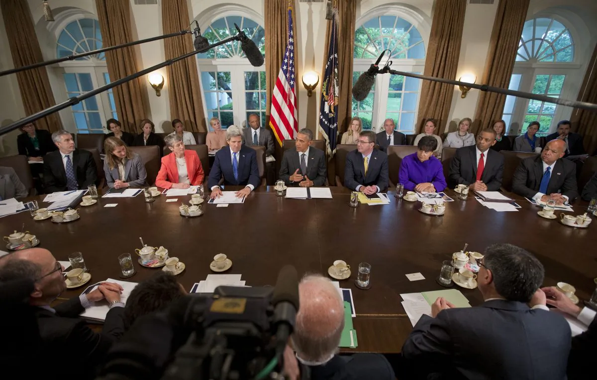 President Barack Obama speaks to the media while meeting with members of the cabinet in the Cabinet Room of the White House in Washington, Thursday, May 21, 2015. (AP/Pablo Martinez Monsivais)