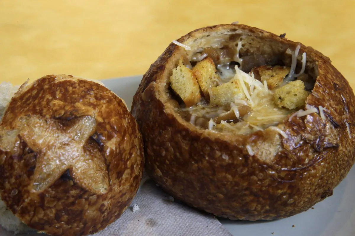 A Bistro French Onion Soup Bread Bowl is seen at a Panera bread restaurant, Tuesday, June 9, 2015, in New York. (AP Photo/Mary Altaffer)