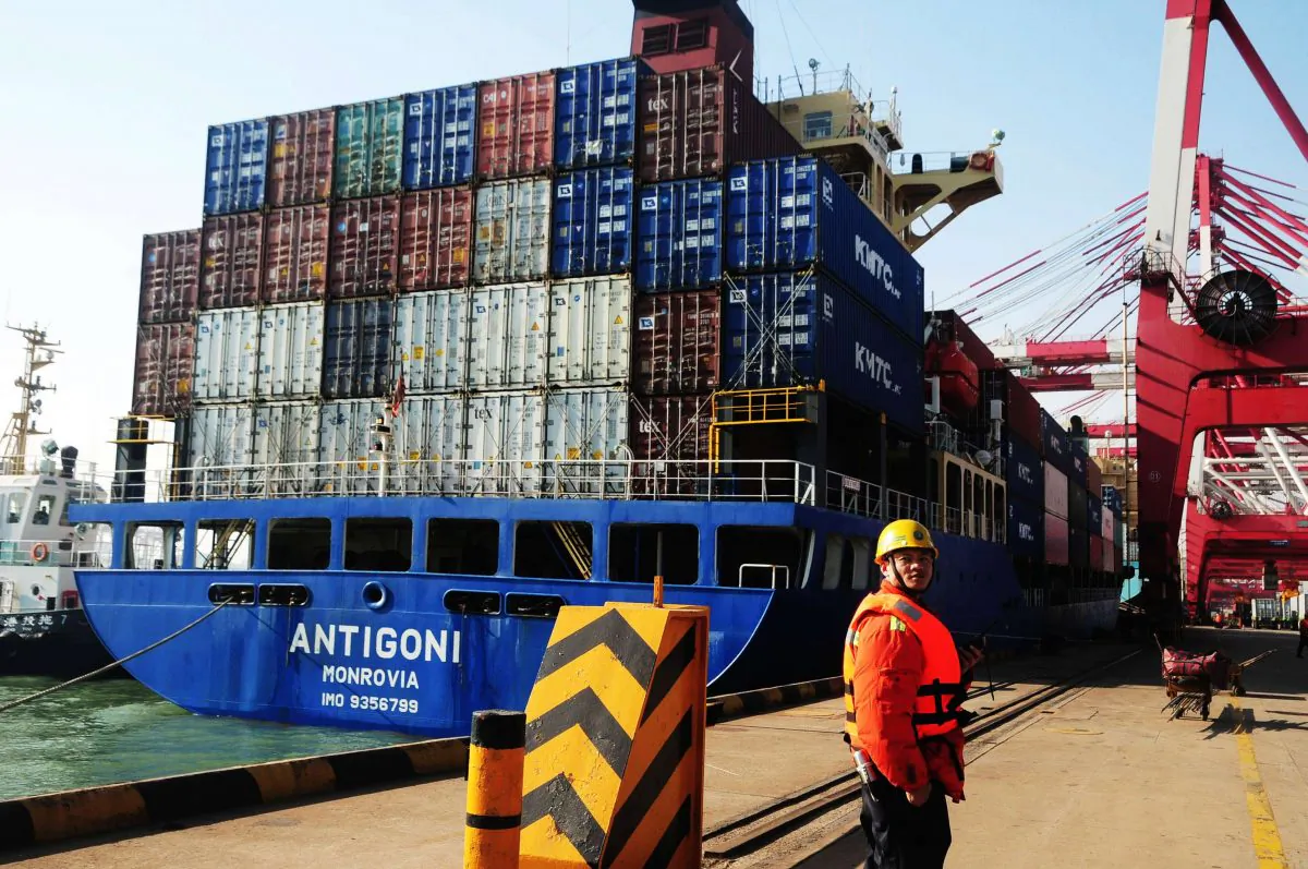 A cargo ship is preparing to leave the Qingdao port in China, March 7, 2014 (STR/AFP/Getty Images)