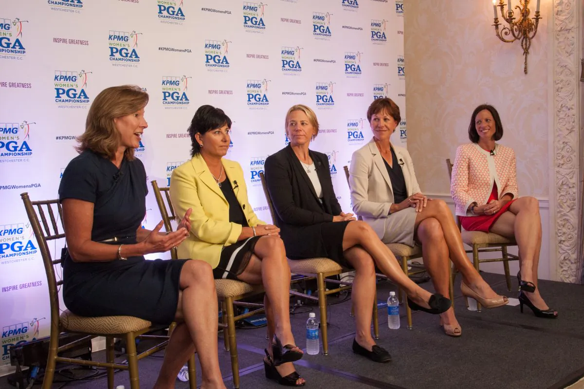 Lynne Doughtie, Nancy Henderson, Annika Sorenstam, PGA of America Secretary, Suzy Whaley, and Adina Friedman speak to attendees during the Inspire Greatness Press Conference at the 2015 KPMG Women's PGA Championship held at Westchester Country Club on Wednesday, June 10, 2015 in Harrison, New York. (Montana Pritchard/The PGA of America)