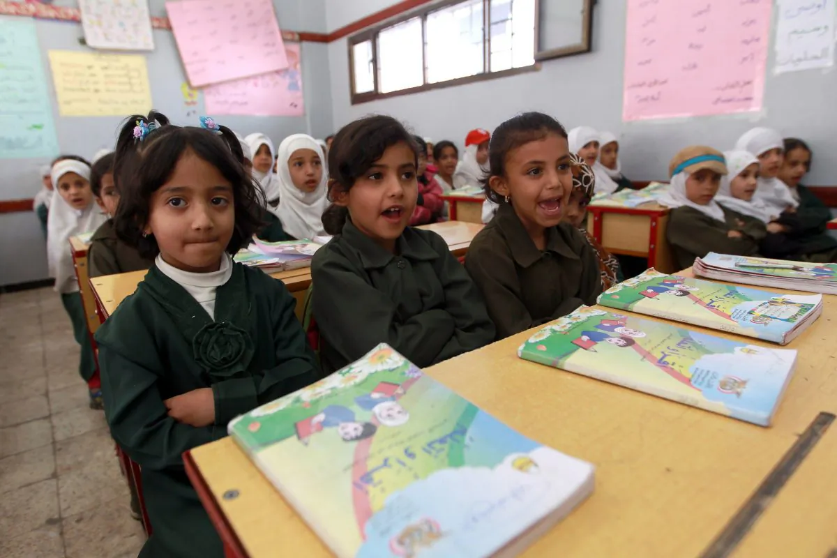 Yemeni schoolgirls attend a class on Feb. 26 at a school in the capital Sanaa. About 76 percent of Yemen's schools have been closed due to the fighting there. (MOHAMMED HUWAIS/AFP/Getty Images) 
