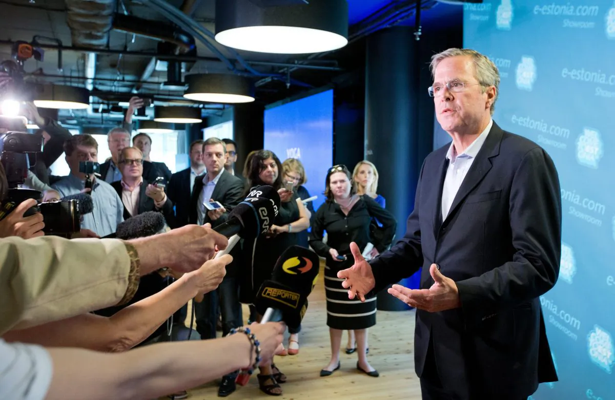 Former US Governor of Florida Jeb Bush speaks to journalists during his visit in Tallinn, Estonia, Saturday, June 13, 2015.
