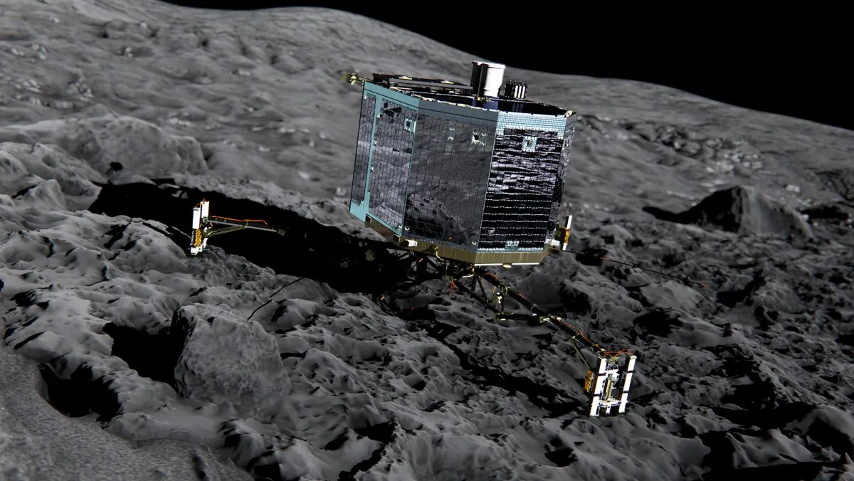 This artist impression from Dec. 2013 by ESA /ATG medialab , publicly provided by the European Space Agency, ESA, shows Rosetta’s lander Philae (front view) on the surface of comet 67P/Churyumov-Gerasimenko.  (ESA/ATG medialab/ESA via AP)
