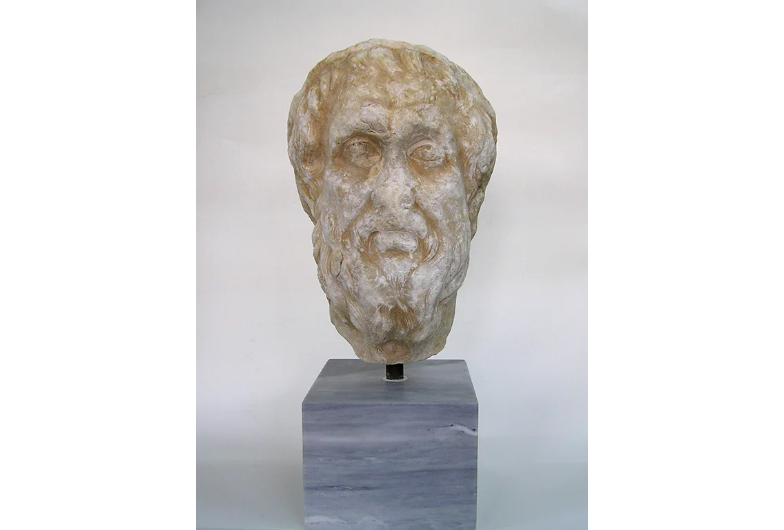 Although there are no accurate images of Homer from his lifetime, many were carved between the 5th and the 2nd centuries B.C. This head, depicting the poet in old age, is part of a Roman copy of a Greek original. (Hellenic Ministry of Culture, Education and Religious Affairs)