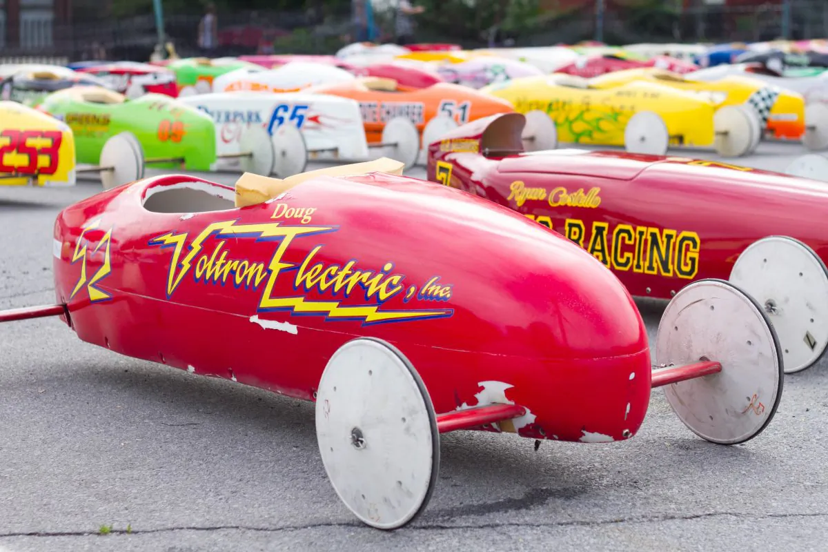 Soap box cars lined up during the Soap Box Derby in Port Jervis, New York on June 14, 2015. (Holly Kellum/EpochTimes)