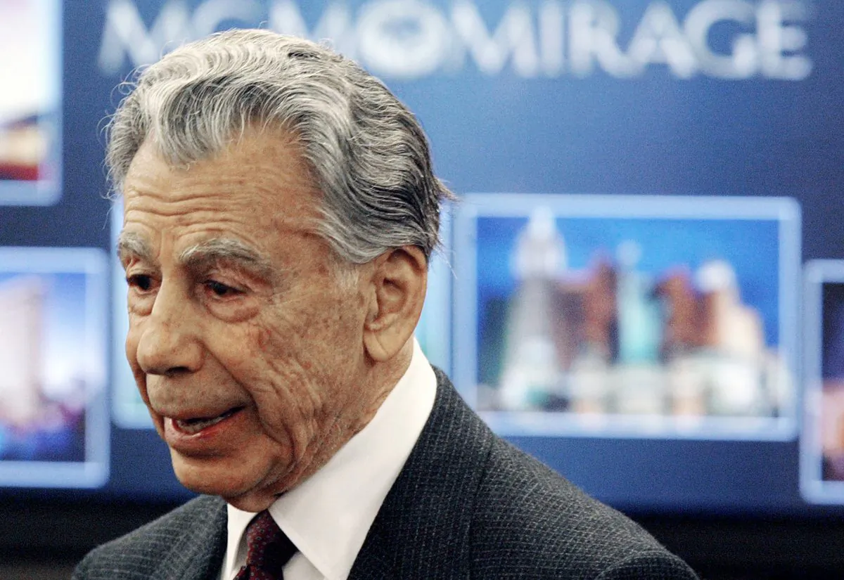 Kirk Kerkorian, majority shareholder of MGM Mirage, speaks to the media at the Nevada Gaming Control Board hearing in Las Vegas. Kerkorian, an eighth-grade dropout who built Las Vegas' biggest hotels, tried to take over Chrysler and bought and sold MGM at a profit three times, died Monday, June 15, 2015.  (Joe Cavaretta)
