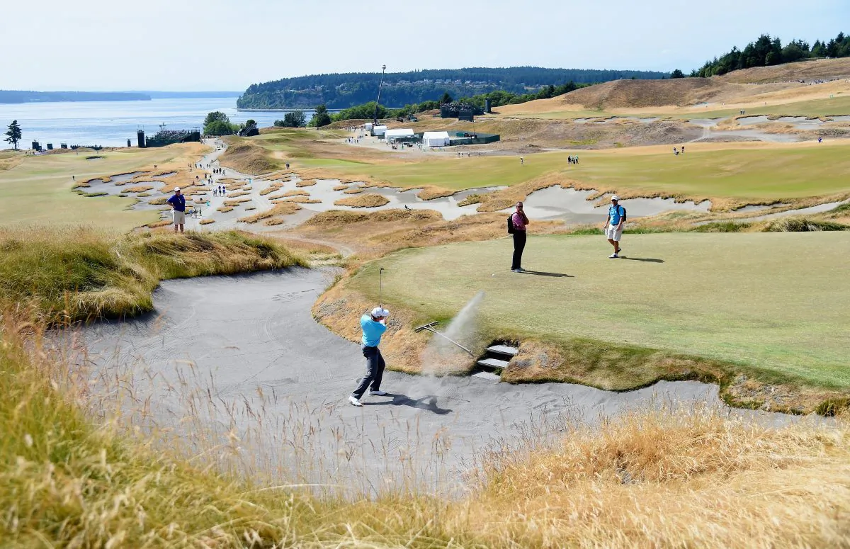 Michael Davan of the United States plays a bunker shot during a practice round prior to the start of the 115th U.S. Open Championship at Chambers Bay on June 16, 2015 in University Place, Washington. (Harry How/Getty Images) 