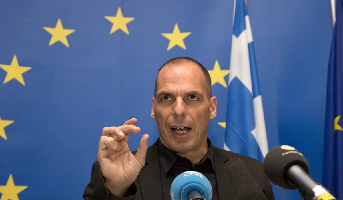 Greek Finance Minister Yanis Varoufakis speaks during a media conference after a meeting of eurogroup finance ministers at the European Council building in Luxembourg on Thursday, June 18, 2015.  (AP Photo/Virginia Mayo)