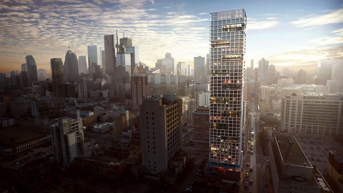 Rendering of CentreCourt Developments’ Grid Condos, a high-rise residential condominium project located at the corner of Dundas and Jarvis in downtown Toronto next to Ryerson University’s urban campus. It is also near other institutions such as St. Michael’s teaching hospital, George Brown College, Canada’s National Ballet School. The Dundas streetcar stops at Grid’s doorstep, and the Yonge subway is just steps away. (Courtesy CentreCourt Developments)