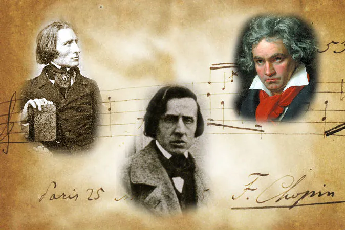 Left: Composer Franz Liszt in 1843 (Herman Biow) Center: Composer Frederic Chopin, ca. 1849 (Louis-Auguste Bisson) Right: A portrait of Ludwig van Beethoven, 1820, by Joseph Karl Stieler Background: Autographed music by Frederic Chopin (Wikimedia Commons)