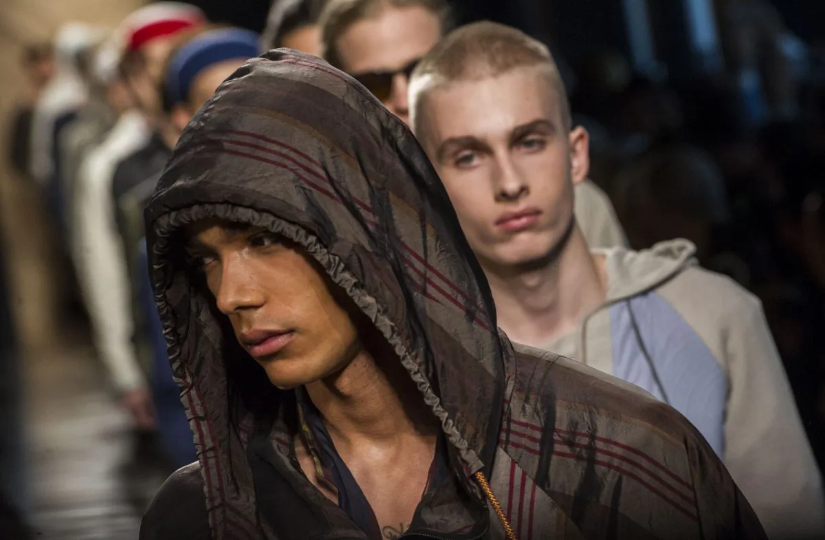 Models wear creations part of the Bottega Veneta fashion house Spring/Summer 2016 men's fashion collection, presented in Milan, Italy, Sunday, June 21, 2015 (AP Photo/Giuseppe Aresu)