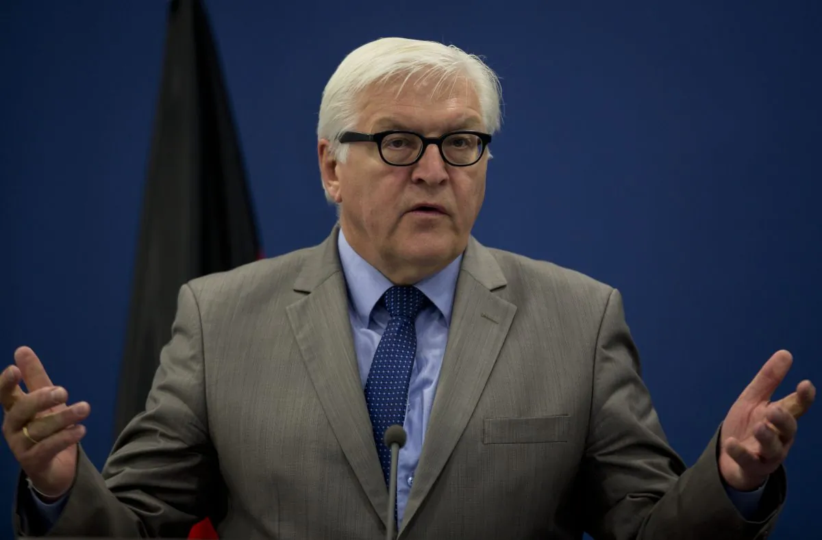German Foreign Minister Frank-Walter Steinmeier speaks during a press conference with Palestinian Prime Minister Rami Hamdallah following his meeting in the West Bank City of Ramallah, Sunday, May 31, 2015. (AP Photo/Majdi Mohammed)