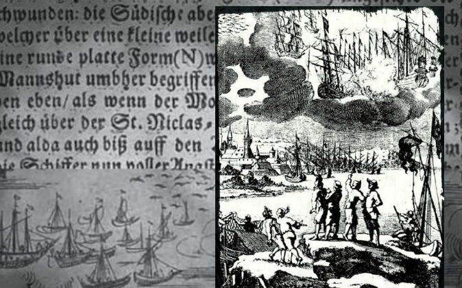 Right: A 1680 engraving accompanying a description by Erasmus Francisci of a battle between ships in the sky said to take place in 1665. Background: Text and an image from "An Illustrated Description
of the Miraculous Stralsund Air-wars and Ship-battles), 1665.