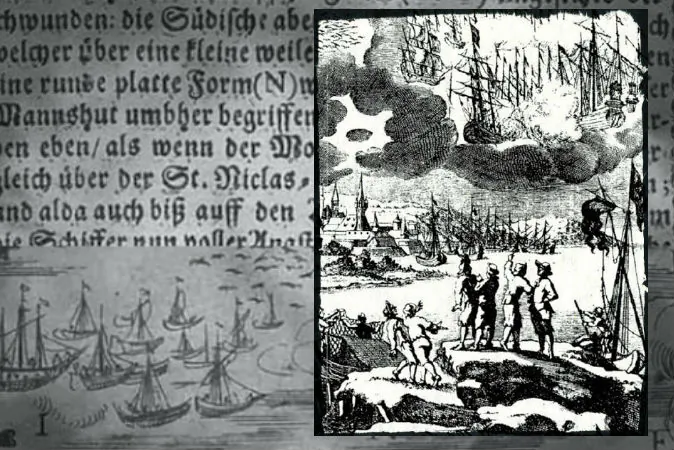 Right: A 1680 engraving accompanying a description by Erasmus Francisci of a battle between ships in the sky said to take place in 1665. Background: Text and an image from "An Illustrated Description
of the Miraculous Stralsund Air-wars and Ship-battles), 1665.