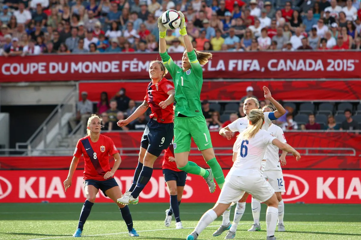England’s Karen Bardsley snags a ball while under pressure in FIFA Women's World Cup action against Norway at Lansdowne Stadium on June 22, 2015 in Ottawa. Bardsley was chosen as player of the match. (Francois Laplante/FreestylePhoto/Getty Images)