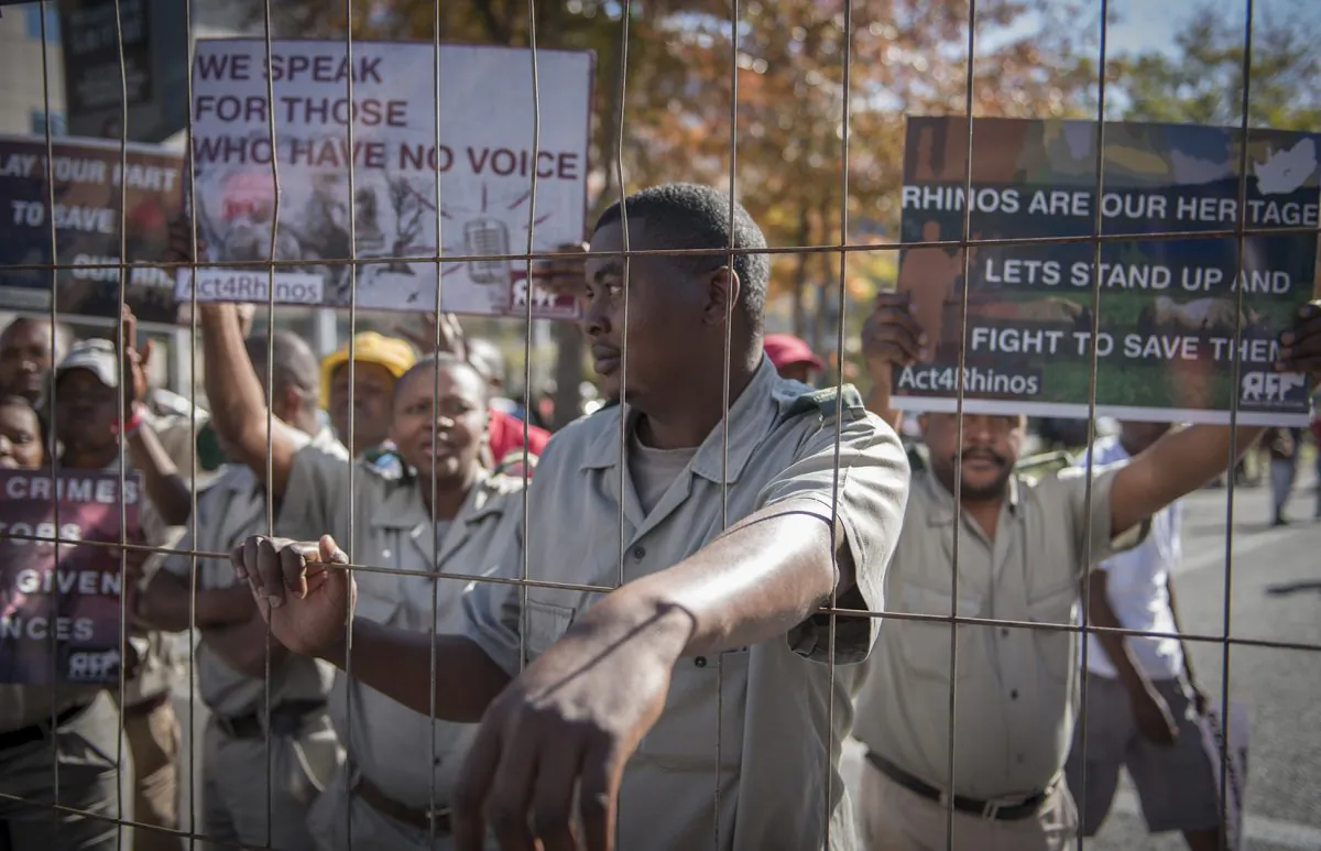 Demonstrators protest outside the African Union Summit, held in Johannesburg, calling for the protection of rhinos by Africa countries. Rhino breeders and game reserve owners took the South African government to court this week to try to overturn its ban on the domestic trade of rhino horn. (AP/Shiraaz Mohamed)