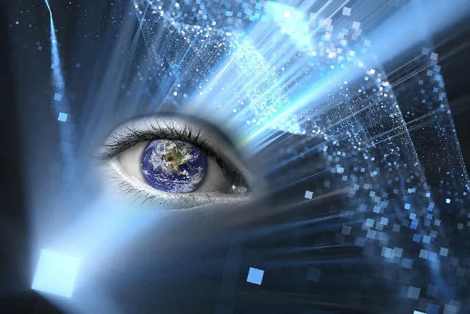 Eye reflecting image of the world (Delpixart/iStock) Background: (Sakkmesterke/iStock)