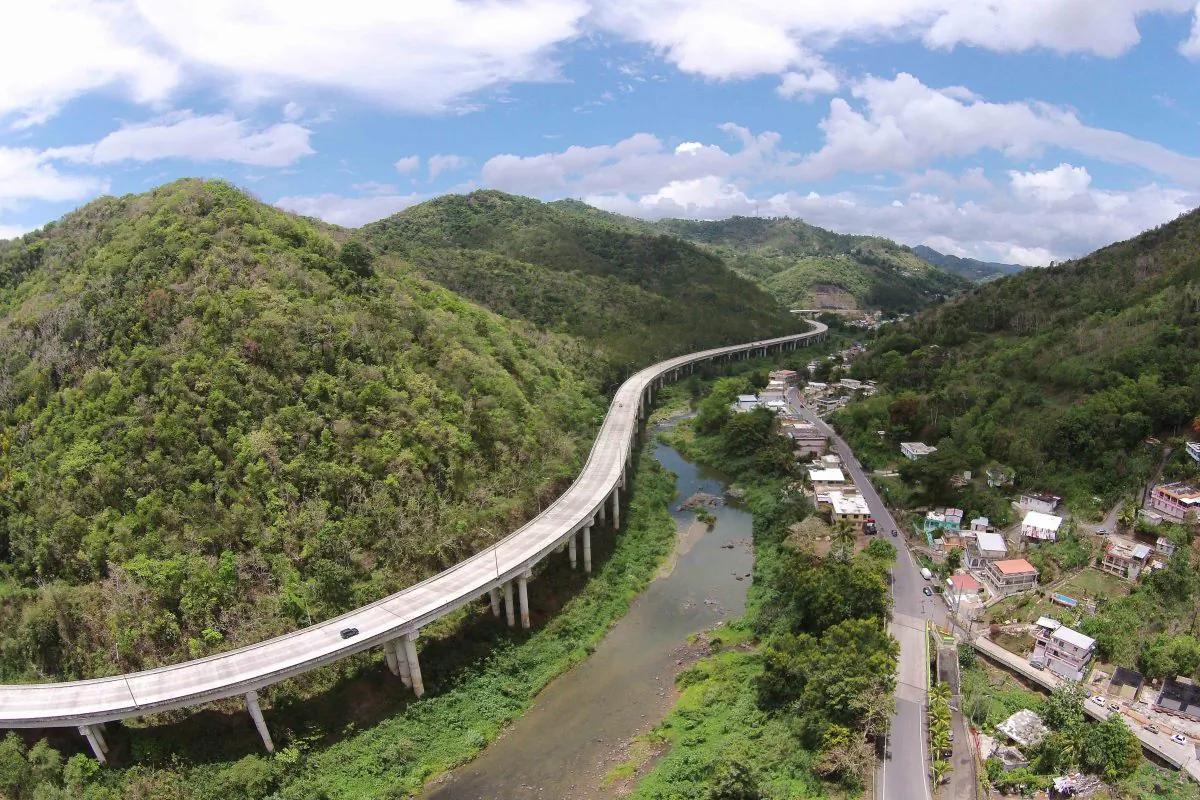 This June 11, 2015 aerial photo shows the dry banks of La Plata River in Comerio, in central Puerto Rico. (AP Photo/Ricardo Arduengo)